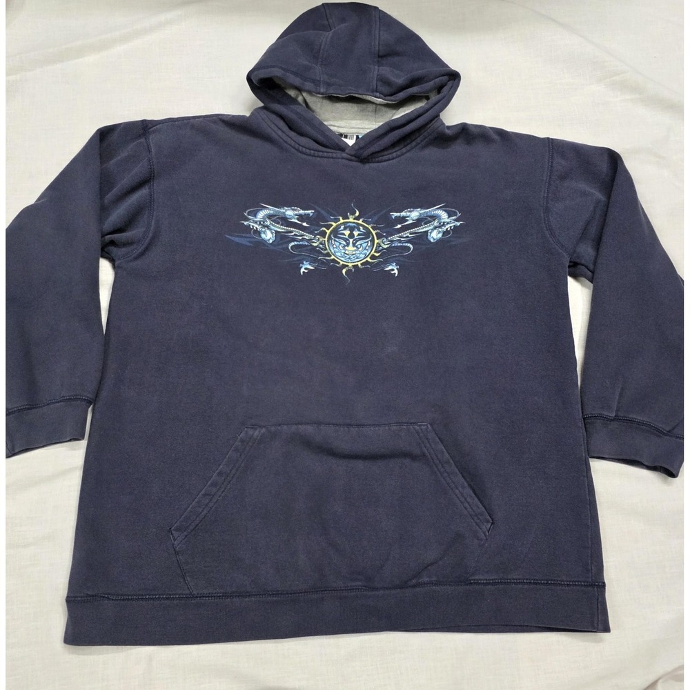 PHYS.SCI‎ Y2k Hoodie Vintage Boys XL Tribal Dragon Sun Sweatshirt Navy Blue
